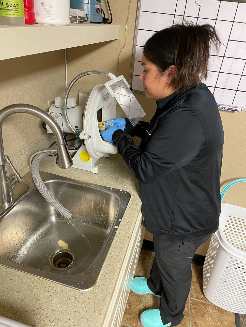 {{ school.name }} student examining a dental mold in the lab